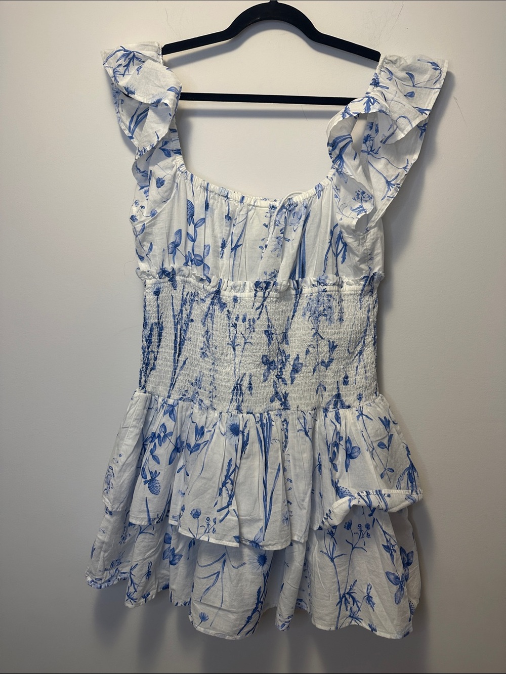 H&M Ruffle Tiered Skirt White Mini Dress with Blue Floral Print - Picture 12 of 12